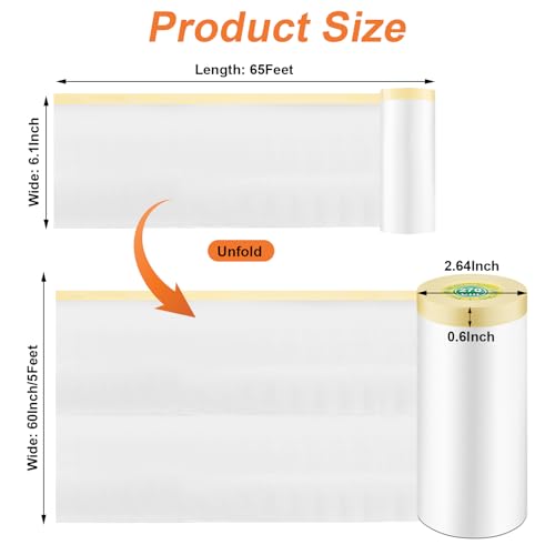 Image of Painters Plastic with Tape, 4 Rolls Pre-Taped Masking Paper for Painting 5Ft x 65Ft Automotive Masking Film Paint Adhesive Protective Film Roll for Painting Covering Walls Windows Auto Body
