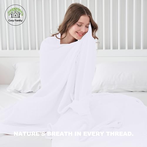 Image of Cosy Family 6 Layer Muslin Bed Blanket - Breathable and Lightweight Gauze Boho Blanket for Spring, Soft 100% Cotton Muslin, White, 80x90 Inches