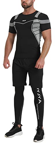 Buyjya 5Pcs Men's Compression Pants Shirt Top Long Sleeve Jacket Set Suit (A Style, S) #TOP1
