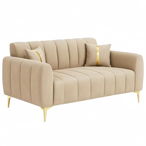 Image of FURNY Harmony 2 Seater Velvet Fabric Sofa Set (Beige) with Golden Finish Legs Durable & Comfortable Ideal for Living Room
