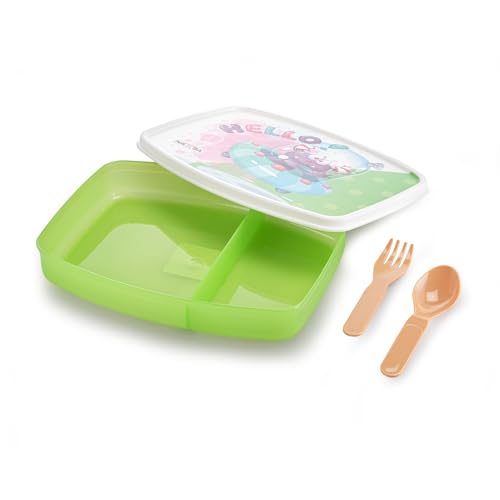 Image of Nayasa Witty Deluxe Mini 2 Compartment Lunchbox | BPA Free and Food Grade Plastic Tiffin | Alien Spaceship Print | 450 ML | Green