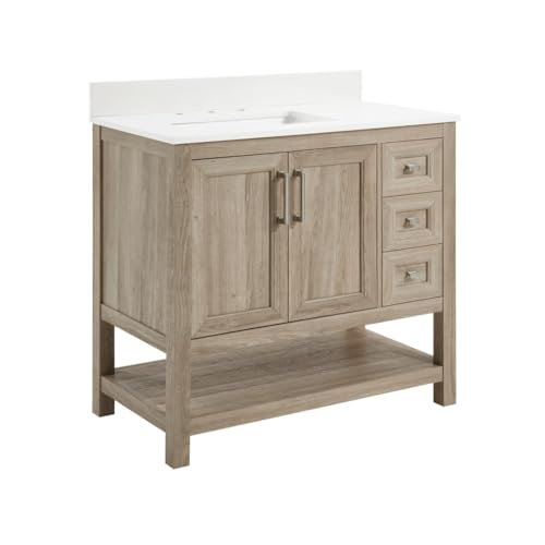 KT Rolster 35 Inch Rustic Bathroom Vanity with Sink and Ceramic Countertop, Farmhouse Vanity with Single Sink & 3 Drawers & 2 Doors, Modern Bathroom Storage Cabinet, Woodgrain Vanities