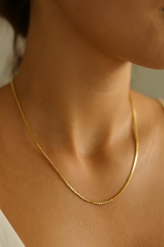 14K Solid Yellow Gold Box Chain Necklace for Women & Men, Gold Jewelry for Gift(0.6mm,1mm - Available in 16-24 Inch Lengths) (0.6 mm-16 inch)2
