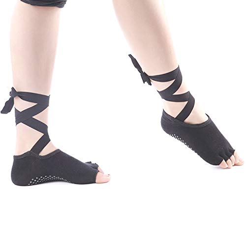 Venxic Women Anti-Skid Grip Toeless Yoga Socks (Black)