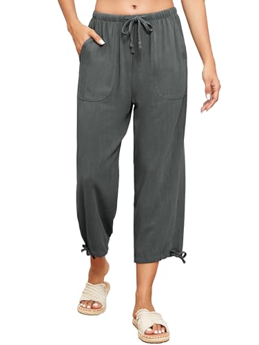 Famulily Womens Linen Wide Leg Pants Casual Loose Drawstring Capri Beach Palazzo Pants Fashion Yoga Trousers with Patch Pockets Dark Gray M