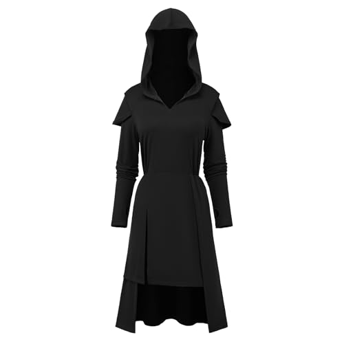 CNVAUIE Mittelalter Kleidung Damen Renaissance Hexen Kostüm Wikinger kostüm Damen Gothic Kleider Cosplay für Halloween Karneval (Schwarz, M)