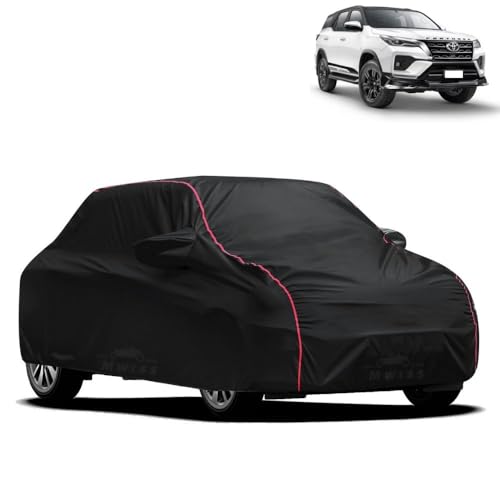 Image of Waterproof Car Cover for Toyota Fortuner | All-Weather Protection, Dustproof & UV Resistant | Triple Stitched Mirror Pockets, Windproof Buckle Strap with Elastic Hem, Black-Red Piping