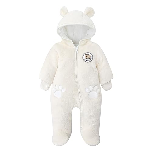 Baby Schneeanzug mit Kapuze Fleeceoverall Spieler Langarm Strampler Winterjacke für Neugeborene Jungen Mädchen Warm Outfits 1-3 Months, Weiß