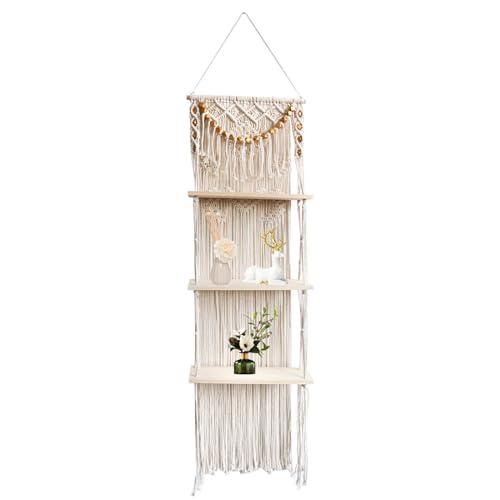 Estantería Boho, estante de , estantes de pared de 3 niveles, percha para decoración con borlas, estante flotante multifuncional de cuerda bohemia, exquisita, para colecciones, libros, flores