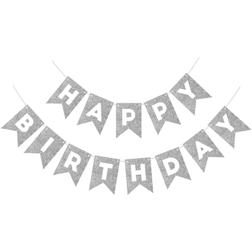 Silver Happy Birthday Banner Happy Birthday Sign for Backdrop Silver Birthday Decorations for Women Men Birthday Party Garland Bunting Banner Kids Adults Party Supplies