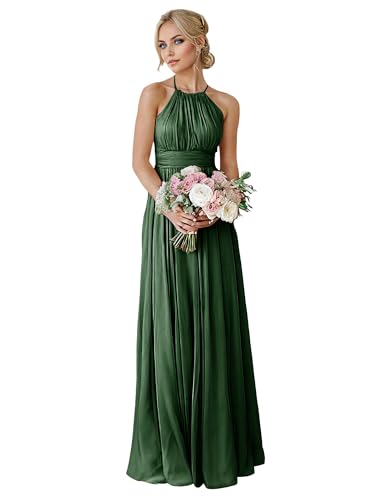 HUINI Brautjungfernkleider Lang Chiffon Neckholder - Elegant Falten Abendkleider für Hochzeit Dunkel grün 32