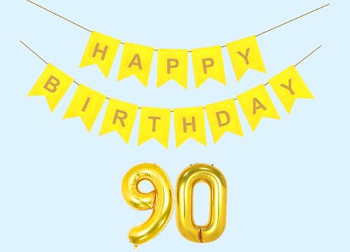Image of 90th Happy Birthday Decoration Kit Yellow for 90 year Old Women with Number Ninety Party Decorations Decor Celebration Items Item Set Combo Reusable Paper Banner