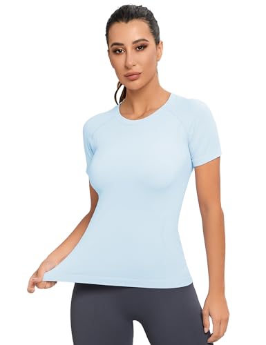 Image of MathCat Seamles Workout Shirts for Women | Slim Fit, Ultra Soft, Short Sleeve Tops for Women, Breathable & Elastic, Mesh Ventilation, for Training Hiking and Yoga