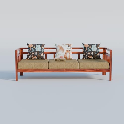 Image of Solid Sheesham Wood 5 Seater Sofa Set Without Centre Table for Living Room | Wooden 3+1+1 Five Seater Sofa Set with 5 Cushions | Modern Sofa Set for Home, Office & Lounge| Cream, Honey Finish