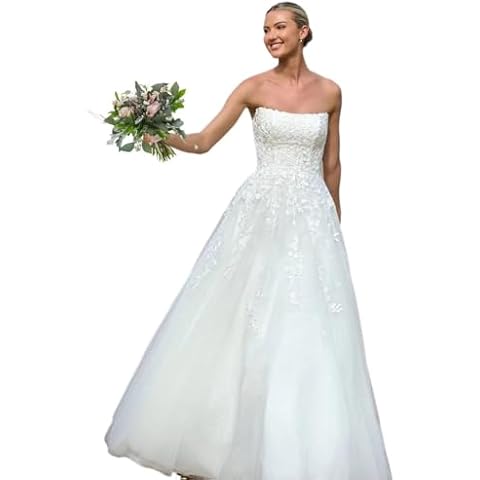 Zuddth Women's Strapless Lace Applique Wedding Dresses for Bride White Ball Gown Beach Bridal Gown Cover