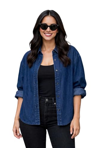 Image of FUNDAY FASHION Women Oversized Fit Solid Casual Denim Shirt