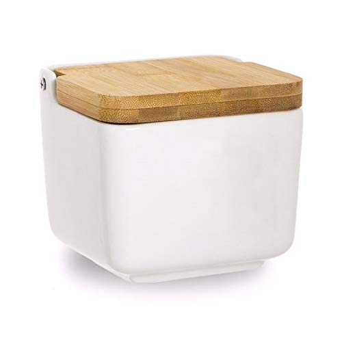 Dream Hogar Salero Cocina Original con Tapa Bambu Ceramica Blanco 12x12x11 cm
