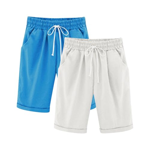 Zzalalana Girls Cotton Linen Shorts 2 Pack Knee Length Summer Casual Bermuda Shorts Kids Cropped Pants 3-13 Years Blue