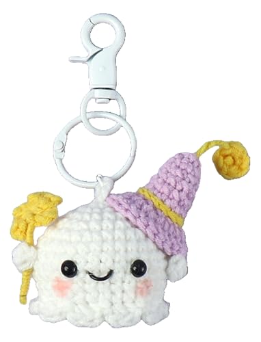 KREATIONS Llavero de ganchillo, pequeño fantasma, colgante para bolso de Halloween, Sombrero púrpura pequeño fantasma + botón blanco, S