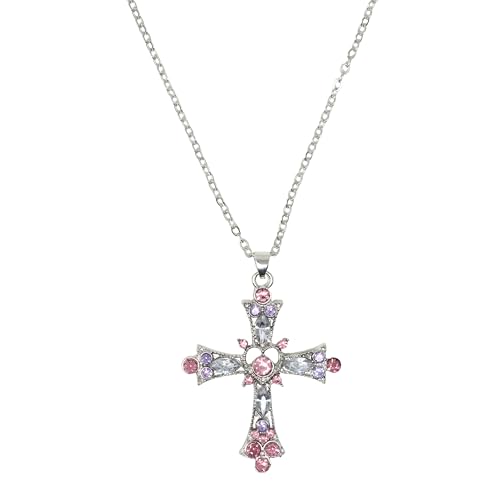 yueton 1 Pack Pink Rhinestone Cross Pendant Necklace Y2K Rhinestone