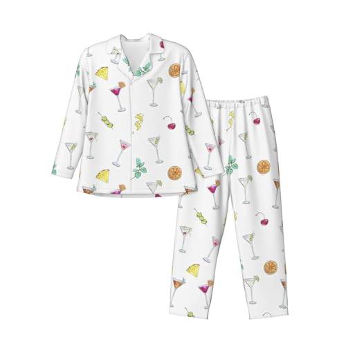 Watercolor Cocktails Glass Mens Pajamas Set Button Down Sleepwear Set Long Sleeve Loungewear With Pockets3