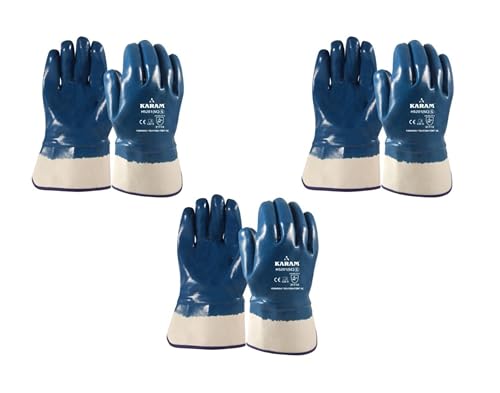 Image of Karam HS201(SC) Nitrile Fully Coated Safety Glove with Safety Cuff | Excellent Flexibility & Dexterity | Oil Repellent, Abrasion Resistant Work Gloves | Size-L | Pack of 3