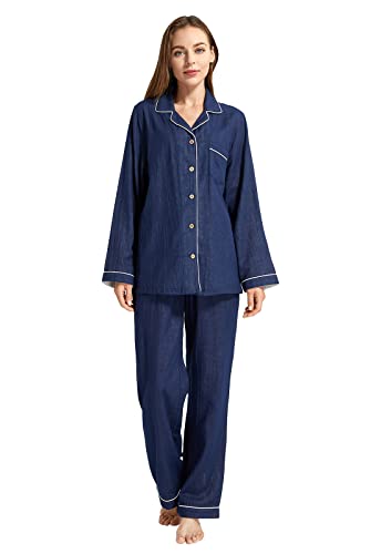 Image of Womens Muslin Pajama Set 100% Cotton Double Gauze Linen Like | Breathable Soft Comfort Button Up Loungewear Sleepwear PJ Set