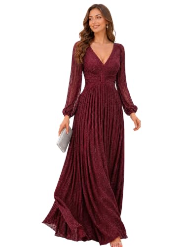 Ever-Pretty Women's V Neck Ruched High Waist Long Sleeves Floor Length Glitter Evening Dresses Burgundy US14