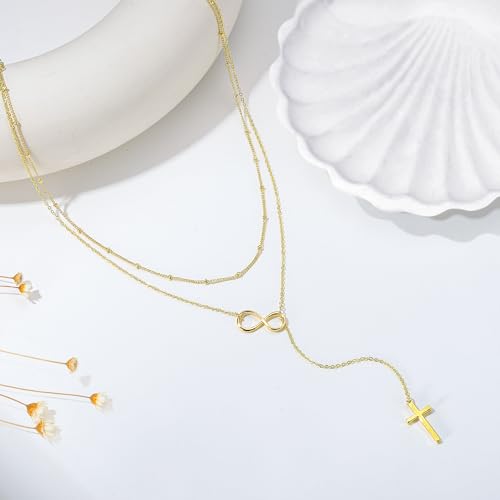 Ursteel Lariat Gold Cross Necklace for Women - Dainty 14K Gold Plated Y-Shaped Cross Pendant Necklace Long Layered Pearl Heart Necklaces Religious Christian Baptism Faith Jewelry Gifts 7