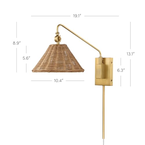 Image of Nathan James Celeste Rattan Wall Light, Modern Farmhouse Wall Mounted Plug in Light, Wall Mount Reading Lamp for Bedside with Rattan Shade