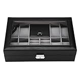 YolieraArt Caja de joyería multifuncional para relojes, 8 ranuras y 2 rejillas con 8 compartimentos para anillos, estuche de exhibición con cerradura de cuero sintético negro.
