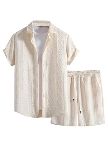 GORGLITTER Men's 2 Piece Outfits Waffle Knit Button Down Shirt Top and Shorts Set Beige Large