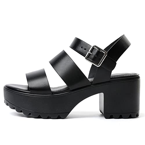Goupsky Platform Sandals For Women Chunky Block Heeled Sandal Lug Sole Open Toe Ankle Strap Shoes Black 6.5 #TOP1