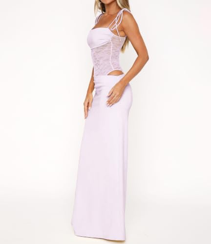 Image of Women's Lace Splicing Cutout Maxi Dress Square Neck Sleeveless Bodycon Long Dress with Sheer Corset
