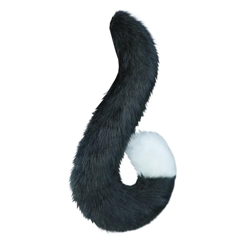TTYAO REII Furry Cat Tail Faux Fur Fox Wolf Dog Animals Tail Fursuit Costume Accessories for Halloween Cosplay Party (Black White)