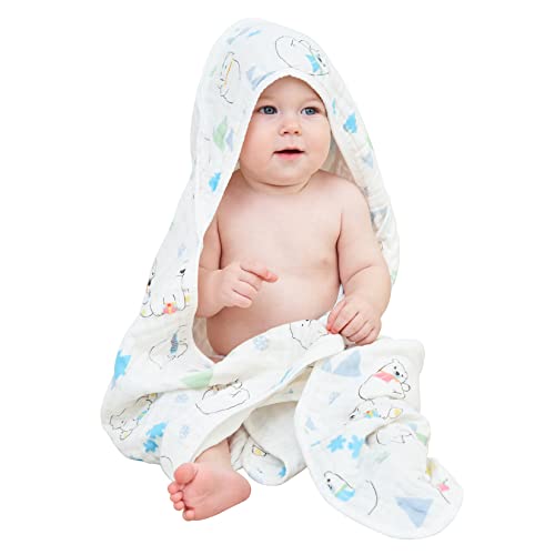 Yoofoss Baby Hooded Bath Towel 32x32in Large Bath Towel Muslin 6 Layers Cute Pattern for Boy Girls Soft Absorbent (Polar Bear)
