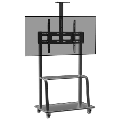 Image of BIG VUE Rolling /Mobile TV Cart with Wheels for 42 inch-100 inch Inch LCD LED 4K Flat Screen TVs, TV Floor Stand with Shelf Holds Up to 100 lbs | Adjustable Height Trolley Max VESA 900 x 600 mm