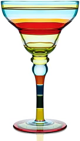 YY Hand Painted Margarita Glass - Moroccan Collection - Hand Painted Glassware by Artists - Unique and Decorative Margarita Glasses, Kitchen Table Décor (Blue Lines)