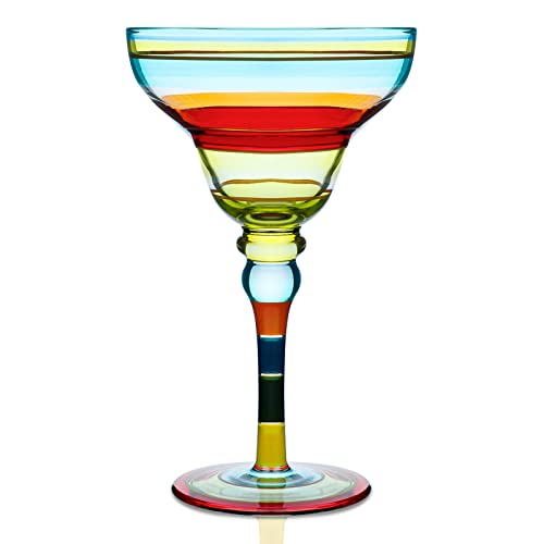 Yy Hand Painted Margarita Glass - Moroccan Collection - Hand Painted Glassware By Artists - Unique And Decorative Margarita Glasses, Kitchen Table Décor (Blue Lines) #TOP1