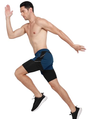 ARSUXEO Shorts de corrida masculino 2 em 1 com 2 bolsos com zíper, Azul escuro, M