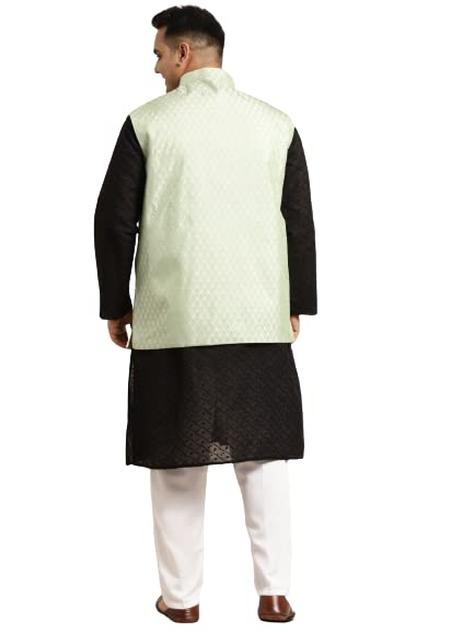 Image of SOJANYA (Since 1958) Men's Silk Blend Dark Green Kurta & Silk Blend Nehrujacket With Off White Churidar Pyjama Set