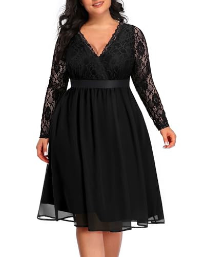 Image of Pinup Fashion Plus Size Lace Chiffon Wrap V Neck Dresses Women Cocktail Wedding Guest Midi Dress