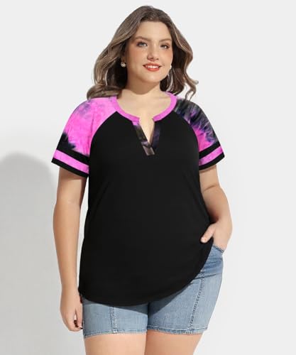 Image of CARCOS Plus Size Tops for Women Short Sleeve Summer Pullover Color Block Crewneck /V Neck Tee Tunic Loose Fit Tshirts XL-5XL