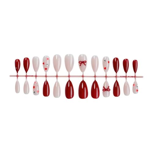 Image of Red Press on Nails Bow Fake Nails with Heart Design Medium Almond Nail Press ons Reusable Glossy Full Cover Valentines Glue on Nail for Women Girls Manicure 24Pcs