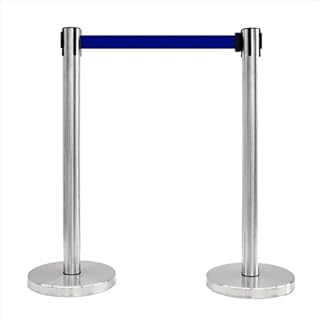 14 in. Flat Base Satin Stainless Post & Cover Retractable Belt Stanchion - 6.5 ft. Dark Blue Belt