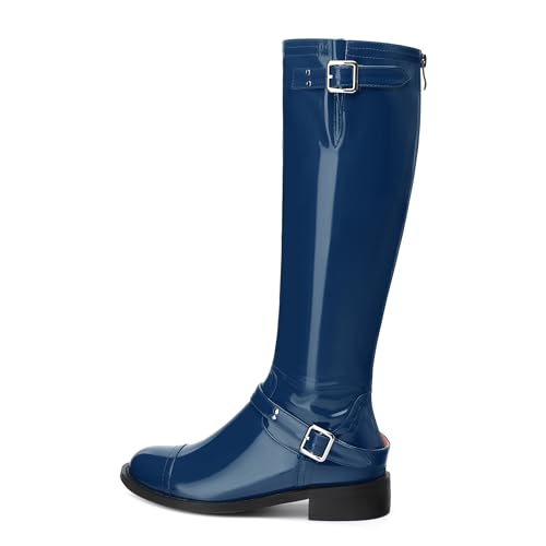 AMBELIGHT Flat Knee High Boots for Women Zipper Round Toe Patent Low Heel Wide Calf Long Boots Casual Fall Winter Tall Boots2