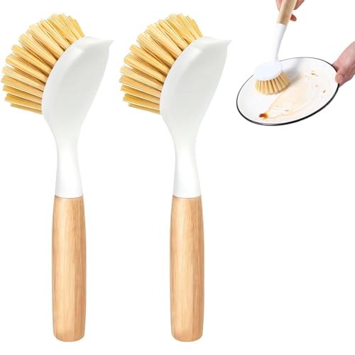 Lumeclat Set di 2 spazzole per stoviglie con raschietto - Spazzole da cucina in legno con manico lungo, Spazzola a setole dure e spazzola per piatti, per padelle, pentole, lavandini, la pulizia
