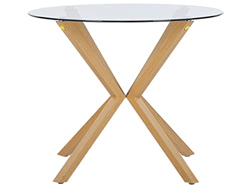 Mesa de comedor redonda con tapa de cristal templado madera clara ø 90 cm estilo escandinavo Altura