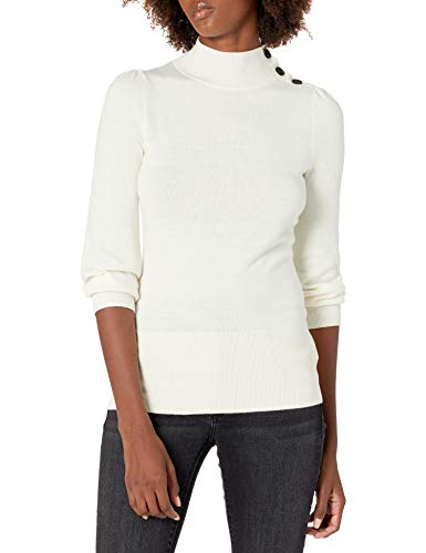 Amazon Brand - Lark & Ro Women's Premium Mid-Weight Blend Puff 3/4 Sleeve Turtleneck Sweater with Shoulder Button Detail, Ivory, Large