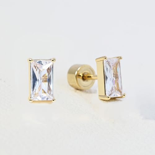 Push-in Flat Back Earrings, Hypoallergenic 14K Gold Plated Princess Cut Cubic Zirconia Stud Earrings Square CZ Studs | Cartilage Earring | Tragus Helix Piercing Jewelry | Threadless Push in Flatback Nap Earrings for Women Men4